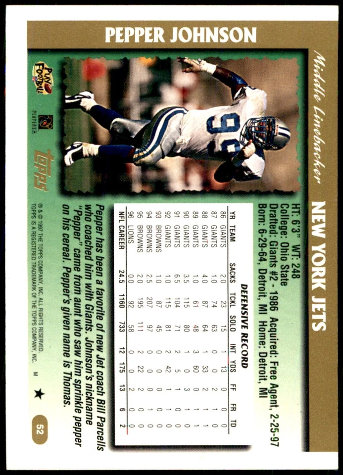 Pepper Johnson 1997 Topps #52 New York Jets NFL READ FREE SHIPPING AutographDen - Image 2 of 2
