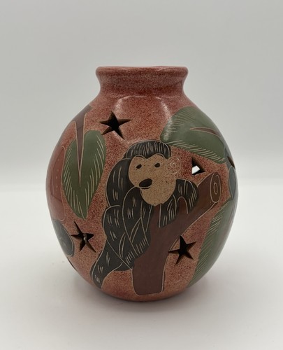Costa Rican Art Pottery Monkey Flowers Stars Luminary Candle Lantern 6"