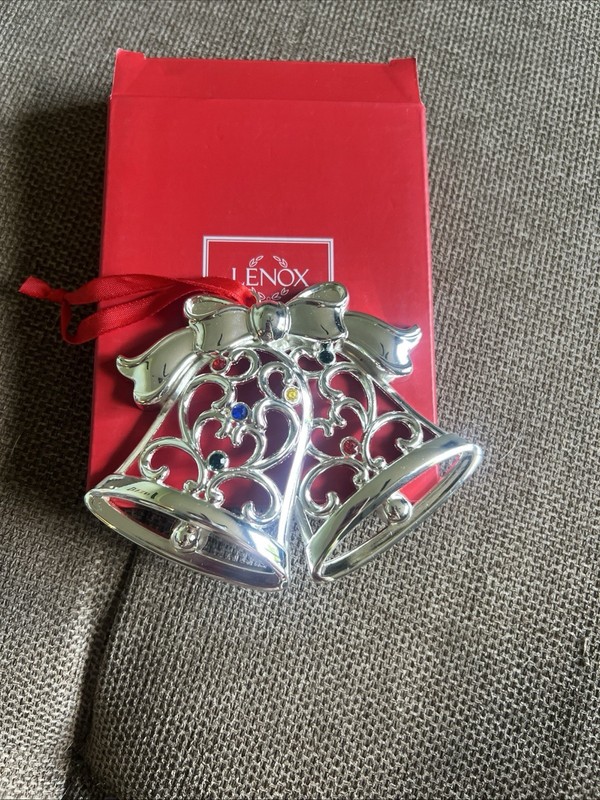 Lenox Sparkle & Scroll Bells Ornament Multi Crystal Silverplate NEW In Box