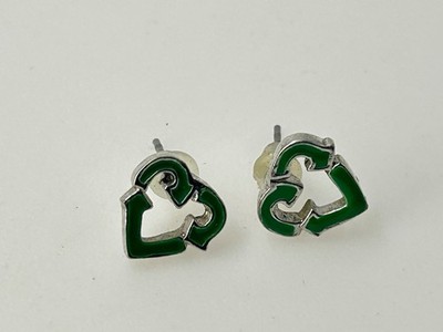 Heart Recycle Symbol Stud Earrings Green Enamel Eco-Friendly Jewelry