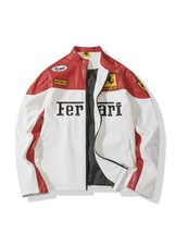 Trendy F1 Ferrari PU Leather Vintage Racing Jacket Embroidered Unisex Red/White