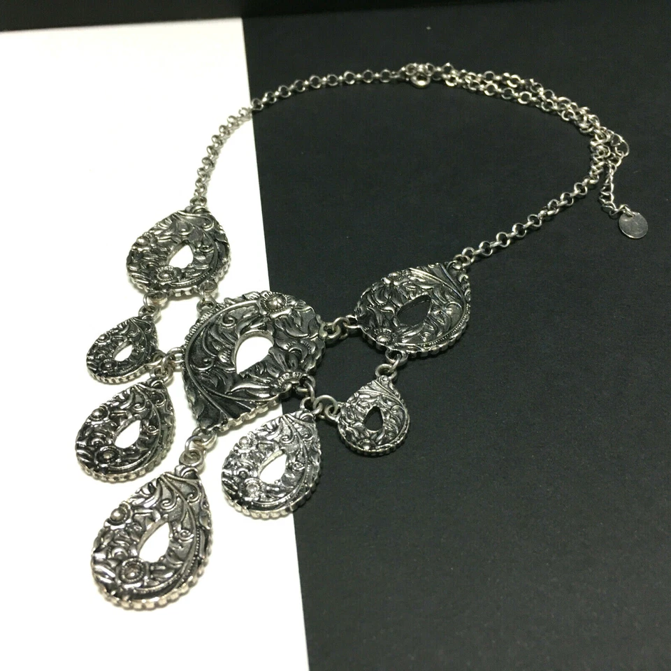 COLLAR DECLARACIÓN BABERO PLATA CLAIRE'S Reversible Texturizado Suroeste Boho H219k Foto 2 de 4