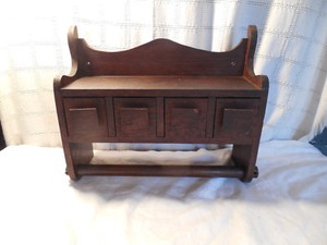 Nice primitive wall mount 4 drawer spice cabinet, rack, box w/towel rack