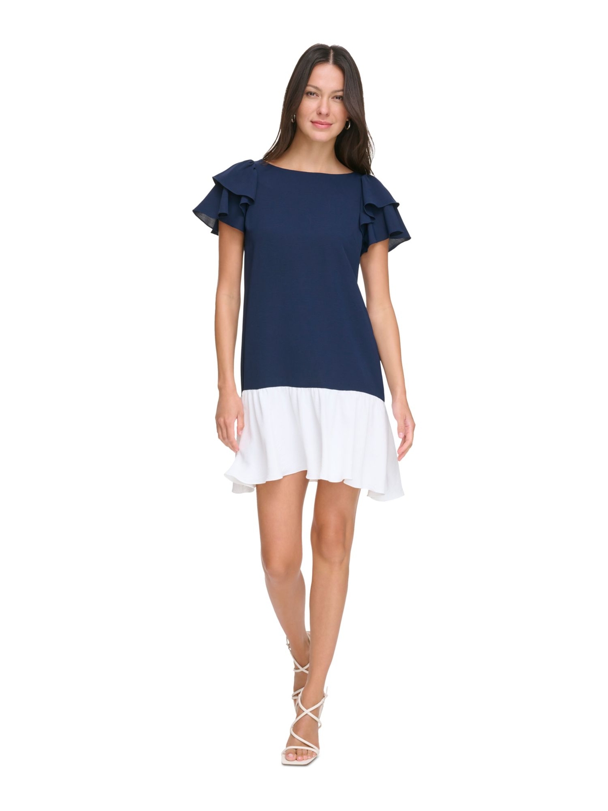 Женское темно-синее платье DKNY с развевающимися рукавами и круглым вырезом, короткое платье с заниженной талией 2