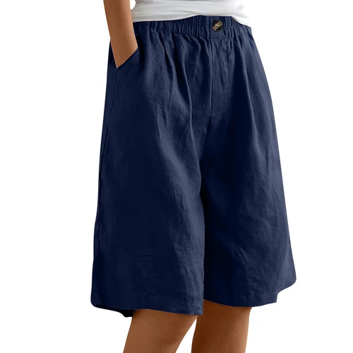 Womens Solid Color Pants Pocket Button Up Capris Loose Elastic Waist Shorts - Bild 53 von 63