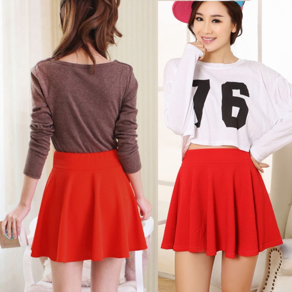 Women Cute Mini High Waist Skater Skirt Plain Flared Pleated Vogue ...