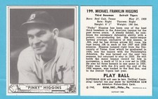 1940 Playball Reprint # 199 Pinky Higgins -- Detroit Tigers  Box 129
