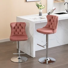 2Set Velvet Swivel Barstools 25-33" Height Button Tufted Kitchen Pub Chairs Pink