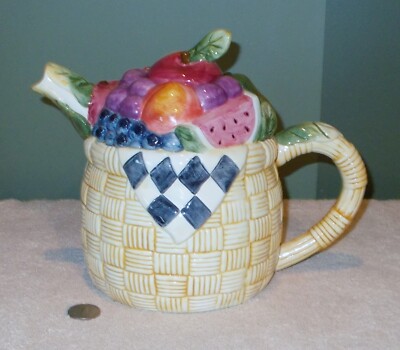 Susan Winget Fruit Basket TEA POT Heavy Ceramic ^