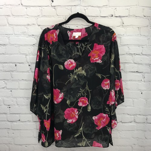 Belle Kim Gravel Top Womens 2X Black Flared Sleeve Floral Lightweight Blouse