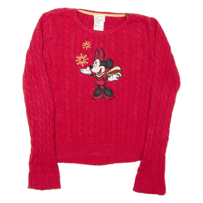 Disney Minnie Mouse Damen Pullover Rot Rundhals Zopfmuster L