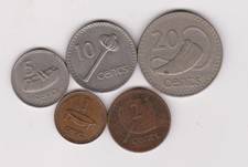FIJI COIN SET 50C-1980, 20C-1982, 10C- 1980, 2C- 1986, 1C- 1986 CIRCULATED EX-FN