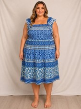 Eliza J Blue White Floral Midi Dress 20W Smocked Sleeveless NWT