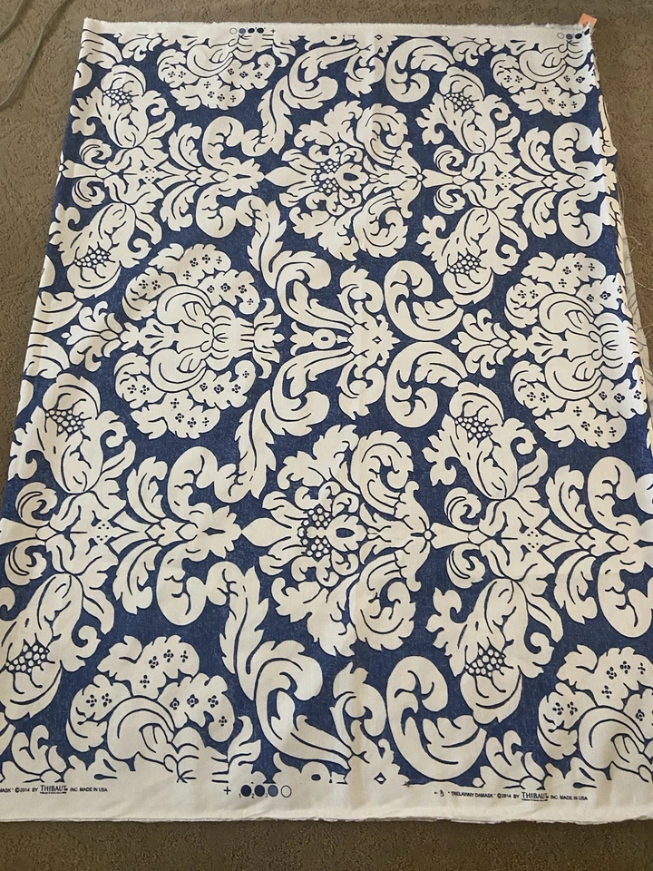 Thibaut Damask Linen Weave Fabric Trelawny Blue & White 2 yards 14”  Made in USA - Image 2 of 4