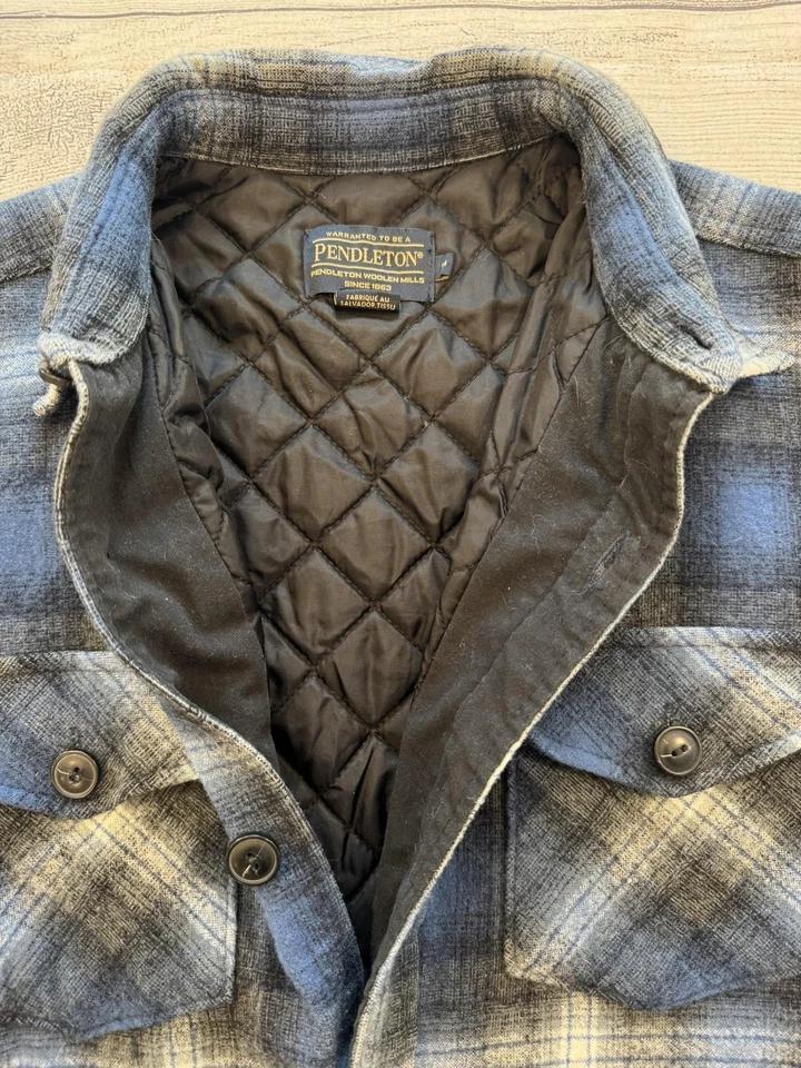 Pendleton Jacket Mens Medium Blue Gray Plaid Wool Quilted Lined Shacket - Image 4 of 4