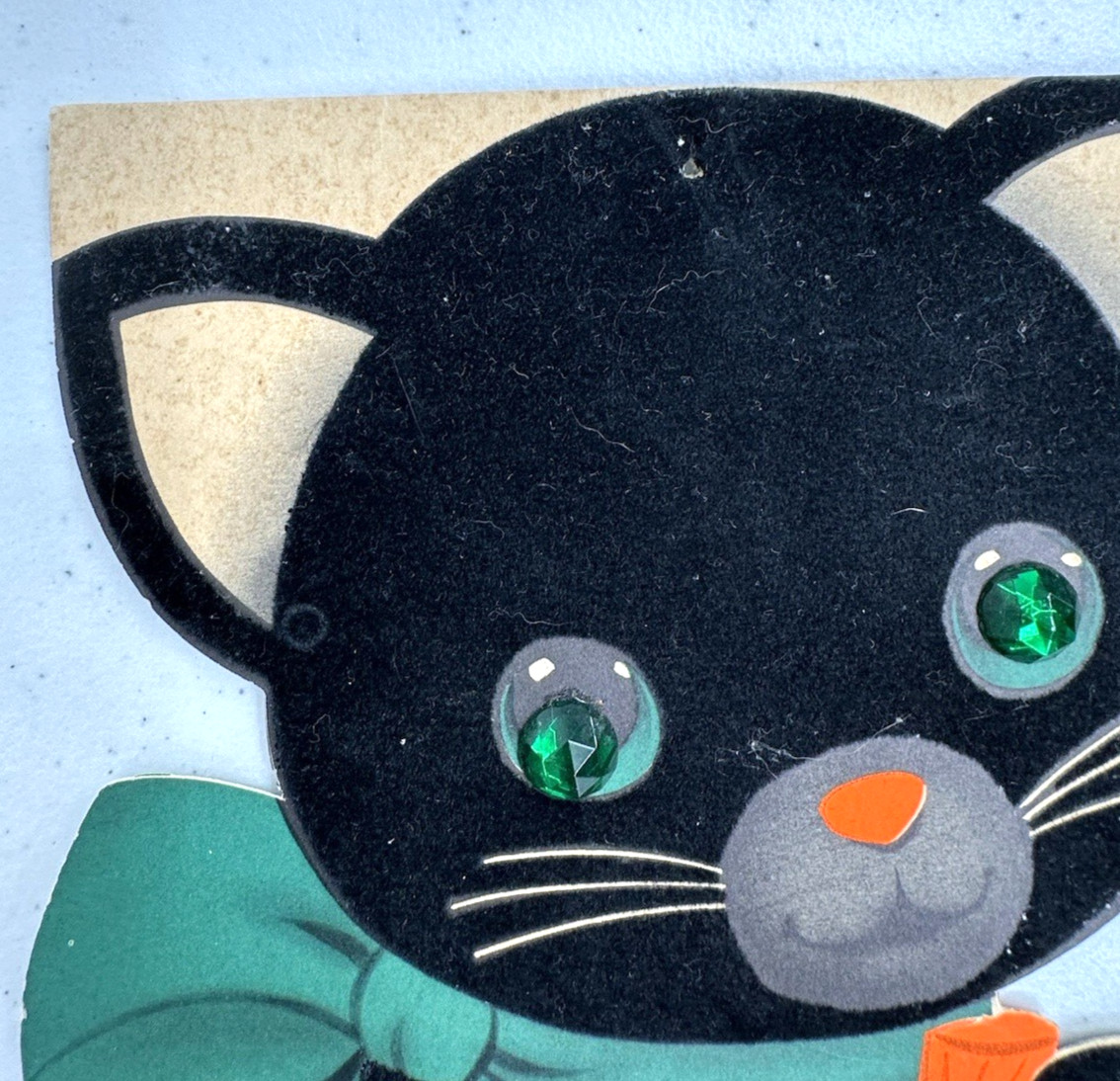 Norcross Happy Halloween Flocked Inky Black Cat Eyes Of Green Stand Up Card