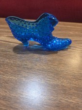 Vintage Fenton Glass Shoe Blue Hobnail Cat Head Slipper Art Glass Panther