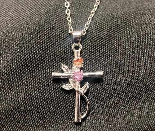 Silver Cross Pink Purple CZ Rose Nature Gemstone Flower Pendant Necklace 18 inch - Picture 10 of 12