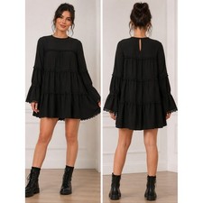 Black Tiered Lace Midi Dress Long Sleeves Small Peasant Bohemian Withchy Goth