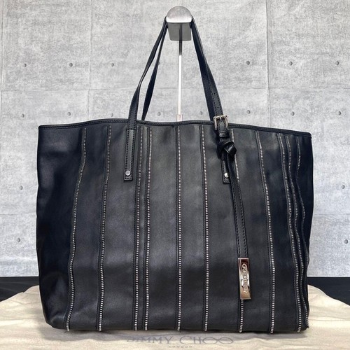 JIMMY CHOO SASHA Leather Tote Bag Black A4 Shoulder Handbag Made in Italy Auth