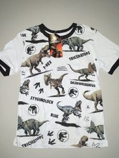 Jurassic World white T shirt kids size 6 T-Rex STYGIMOLOCH TRICERATOPS Blue