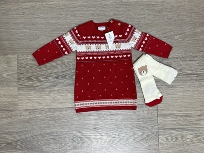 F&F Mädchen Strickkleid & Strumpfhose Set 3-6 Monate rot creme Teddy Winter neu mit Etikett
