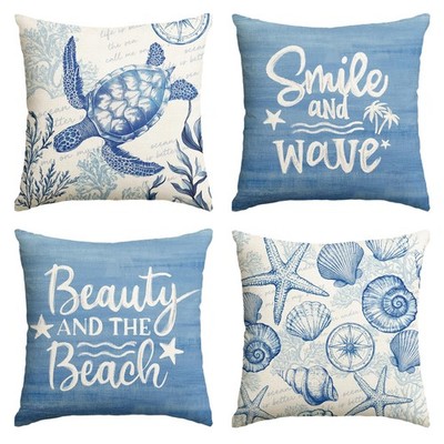 Summer Ocean Sea Turtle Smile and Wave Throw Pillow Covers, 18 x 18 Inch Beau...