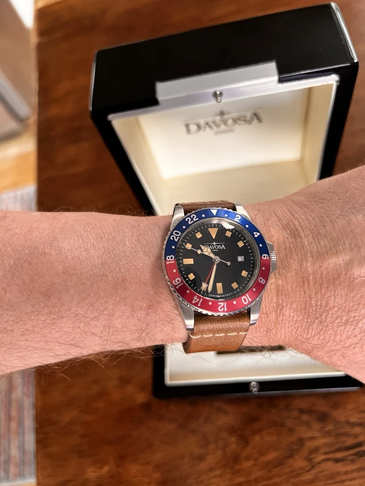Davosa Swiss 1023-505 Pepsi Herren  Leder Vintage Diver Quarz FRY51 - Bild 4 von 4