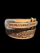 Basket & Floral Tooled Ranger Belts Western Leather Casual Tan Handtooled