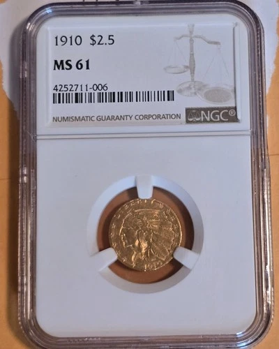 1910 INDIAN HEAD $2.5 QUARTER EAGLE GOLD NGC MS61