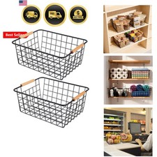 Black 2PCS Wire Storage Baskets with Wooden Handles - Organizing Pantry and K...