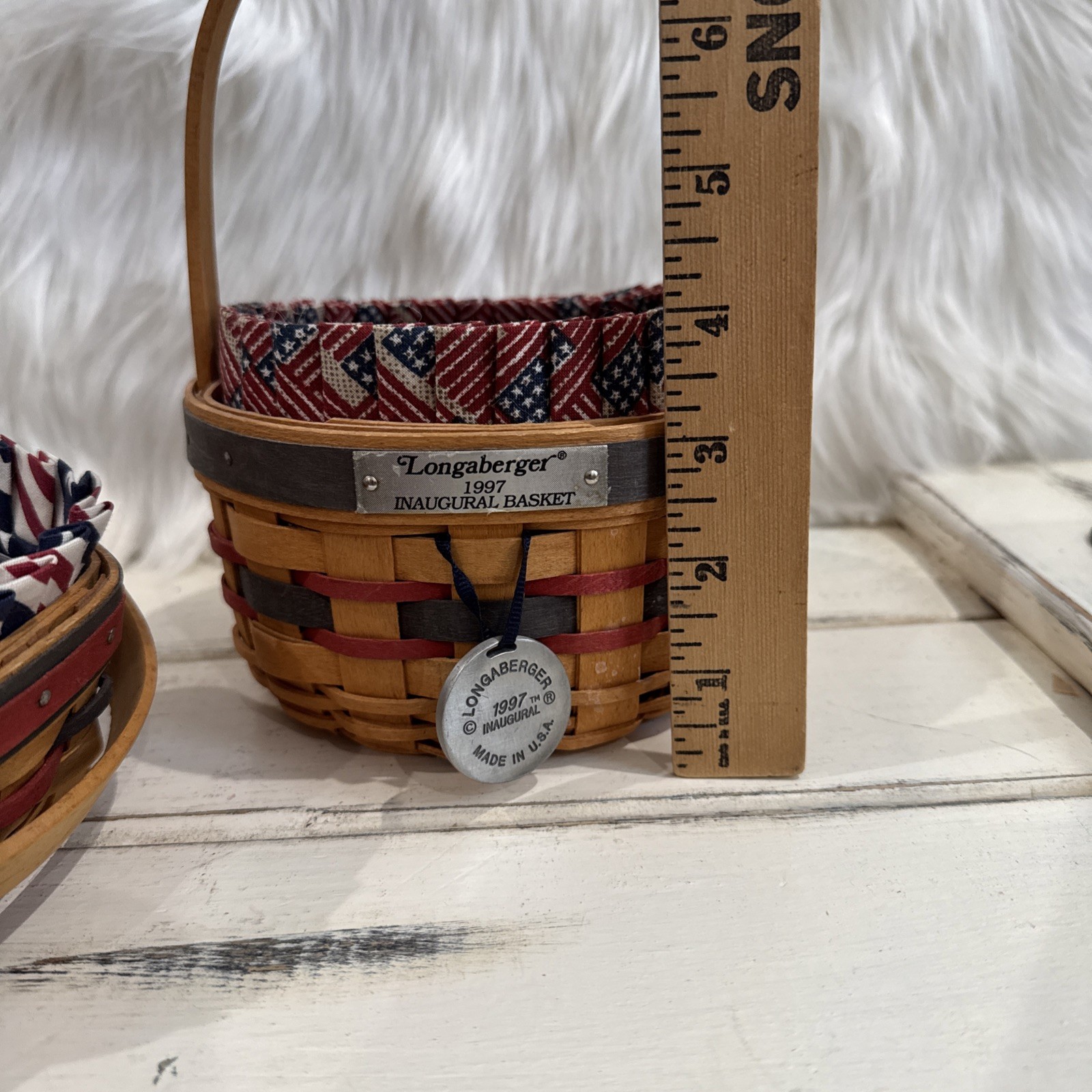 Longaberger 1997 Inaugural Basket 1996 Sleigh, Basket  Red White Blue Liners (2)