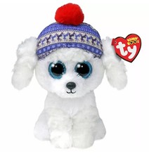TY Silk Ty Beanie Boos Sleighbell 6  Snow White Dog Hat Blue Eyes Stuffed Plush