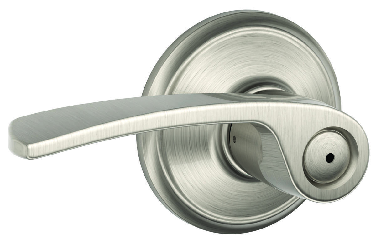 Schlage Privacy Door Lock Pushbutton, Lever Handle, Satin Nickel, 1-3/8 to 1-3/4-image