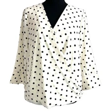 Gilli Stitch Fix Polka Dot Faux Wrap 3/4 Sleeve Sheer Blouse Top Size Small