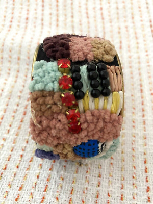 Handmade Cuff Bracelet Embroidery Thread, Yarn, and Beads on linen with a Metal