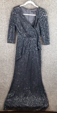 Marina Cocktail Dress Womens 6 Gray Maxi Evening Gown Lace Sequins 3/4 Sleeve