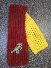Little Boy's Scarf in Dark Red and Yellow Two Tone Colors with Dinosaur Patch