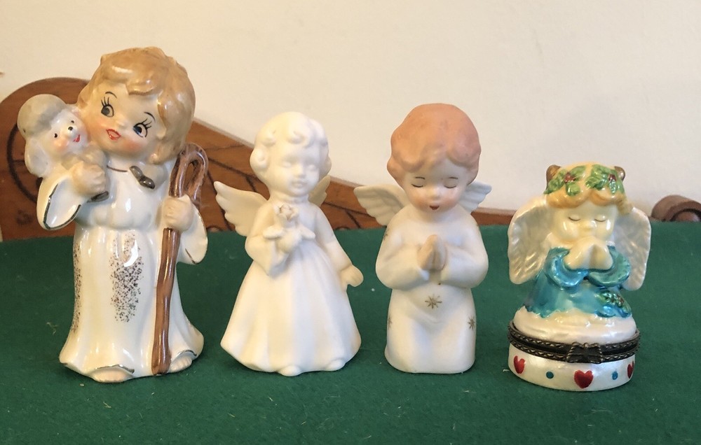 4 Vintage Ceramic Angel Items 3 Figures & a Trinket Box Sweet Shepherd w/ Lamb