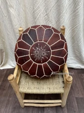 Leather Pouffe Handmade Brown Footstool Genuine Ottoman Unstuffed 24''