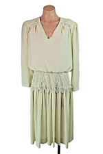 80s VTG Lace Satin Puff Sleeve Crochet Drop Waist Chiffon Bridal Wedding Dress L