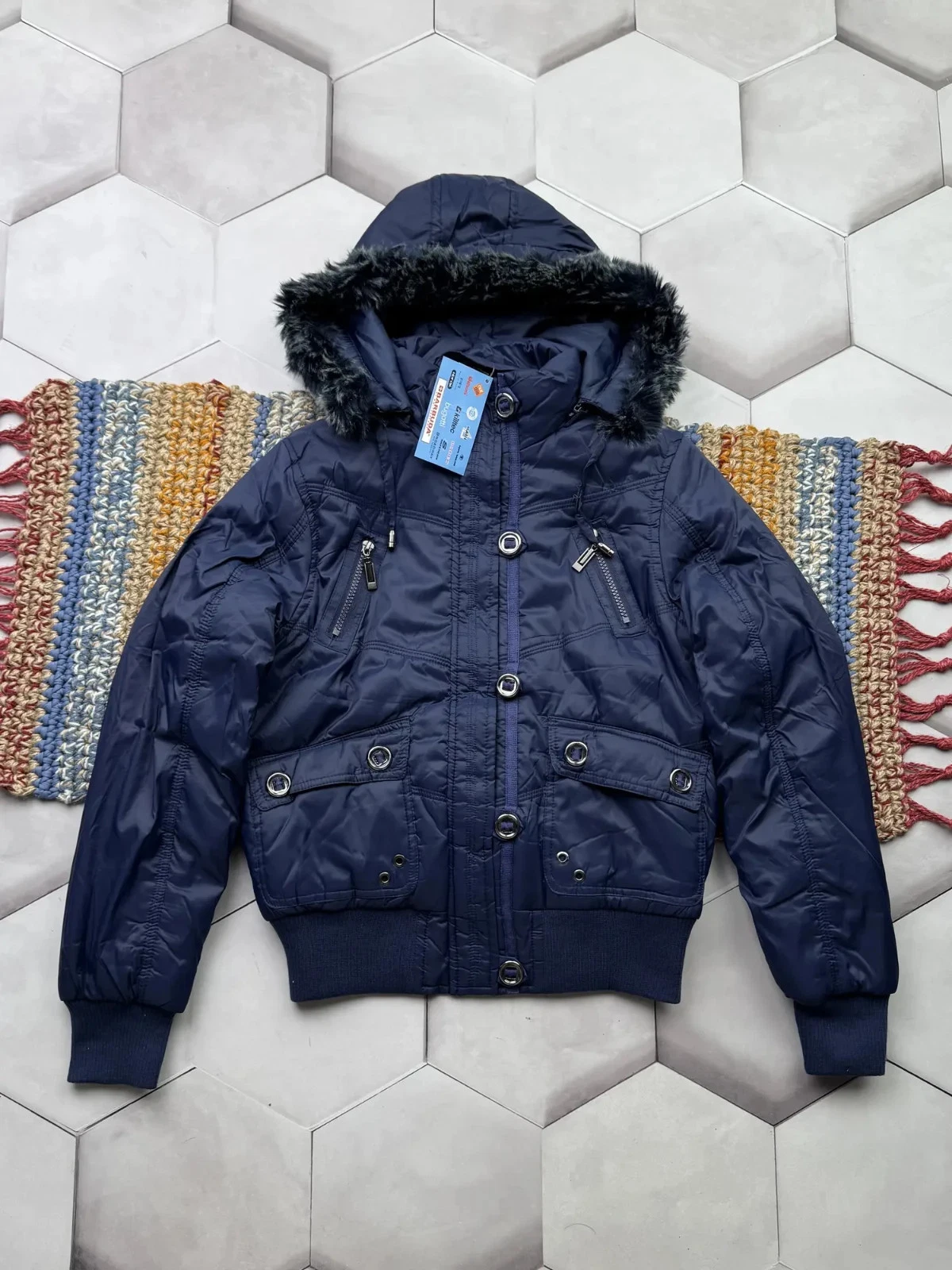Vintage Navy Hooded Bomber Jacket Faux Fur Trim Y2K Winter Coat Size S