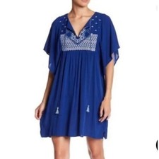 LOVESTITCH Flutter Sleeve Boho Mini Dress Tassel Tie Front Royal Blue Size Small