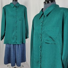 Vintage Fashion Attitudes Green Woven Pattern Print on Green L/S Blouse Size 16