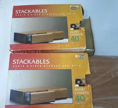 2 New Vintage Faux Wood Grain Audio Cassette Storage Cabinets Stackable Holds 80