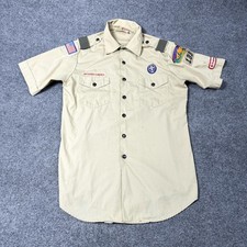 Boy Scouts Of America Uniform Shirt Mens Medium Beige Short Sleeve Patches USA