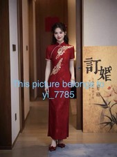 Red Chinese Qipao Dress Cheongsam Embroidered Wedding Evening Gown