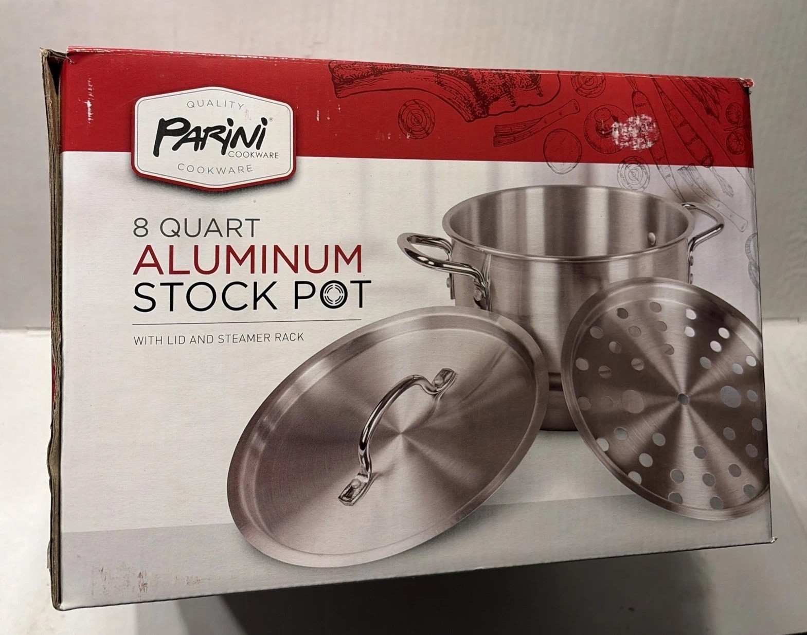 Parini 8 Quart Aluminum Stock Pot With Lid And Steamer Rack New
