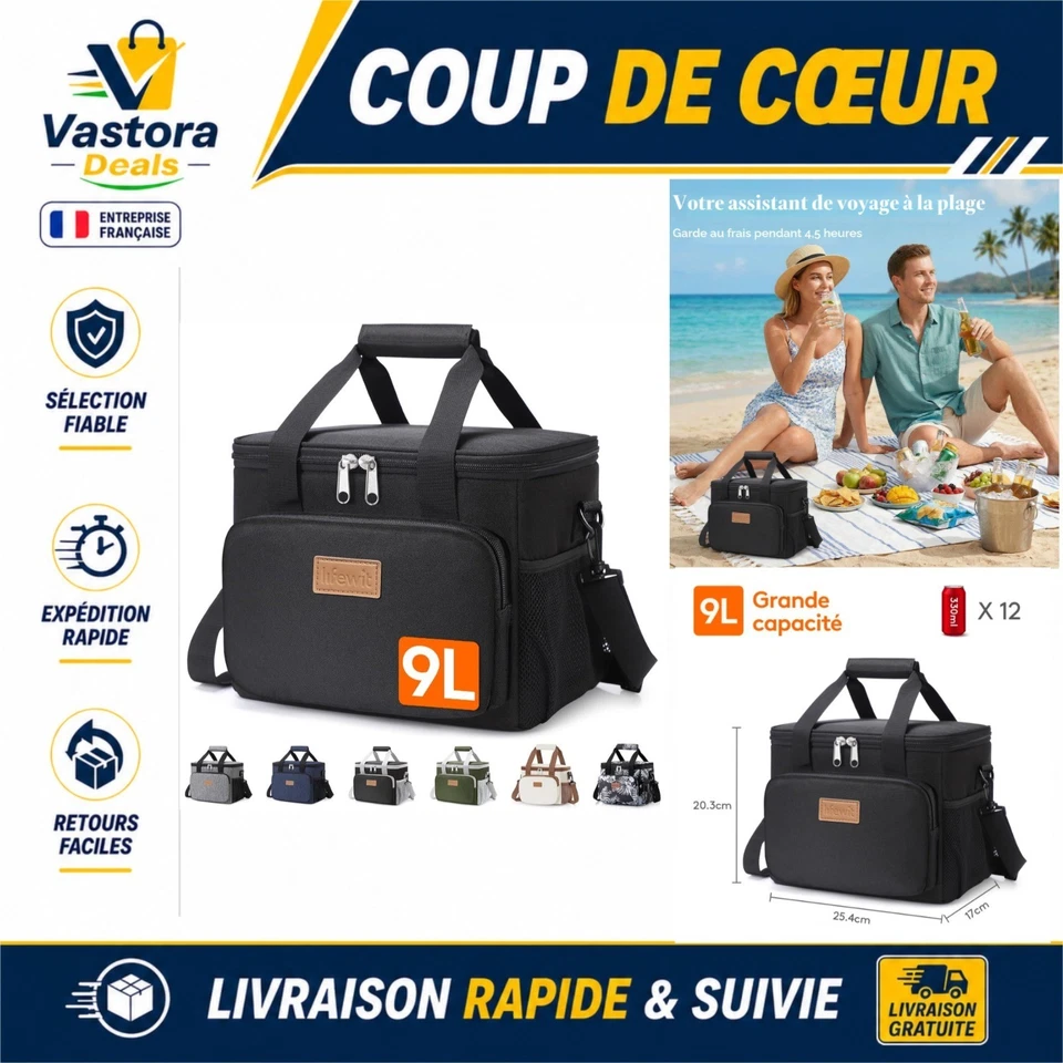 Sac Isotherme Repas 9L Glacière Souple Lunch Box Travail Pique-Nique Noir - Photo 1/4