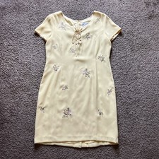 Vintage Together Dress Size 12 Yellow Floral Embroidered Short Sleeve Midi 90s